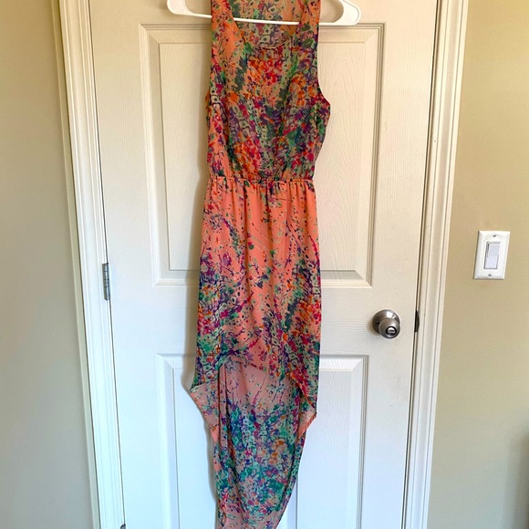 Pink Turquoise Floral Hi Low Dress - Back Slit - Size S - Picture 3 of 5